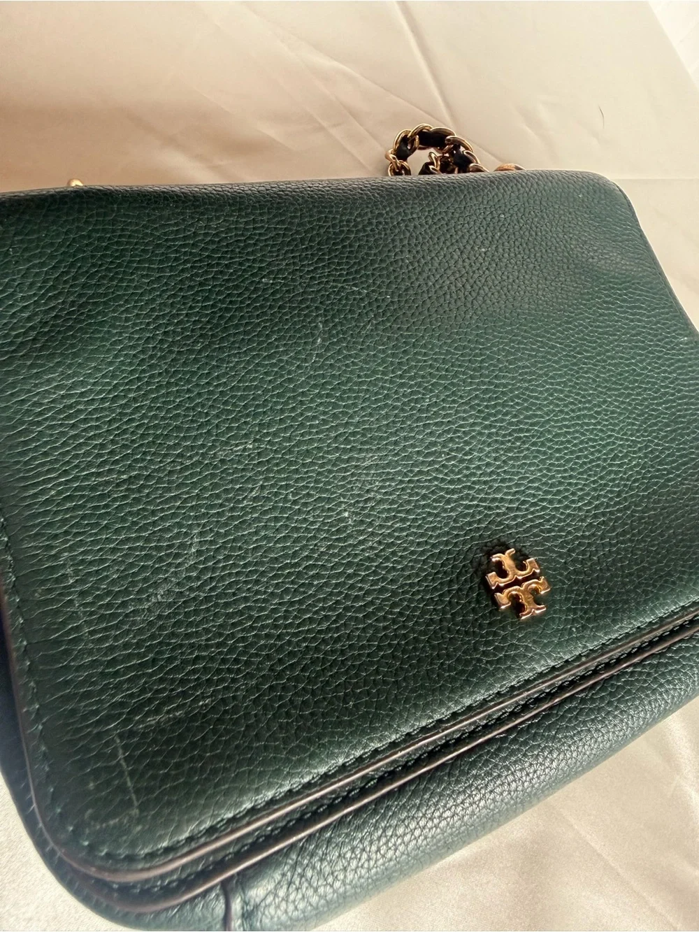 Tory Burch Miller Forest Green Pebbled Leather Chain Shoulder Bag 2019